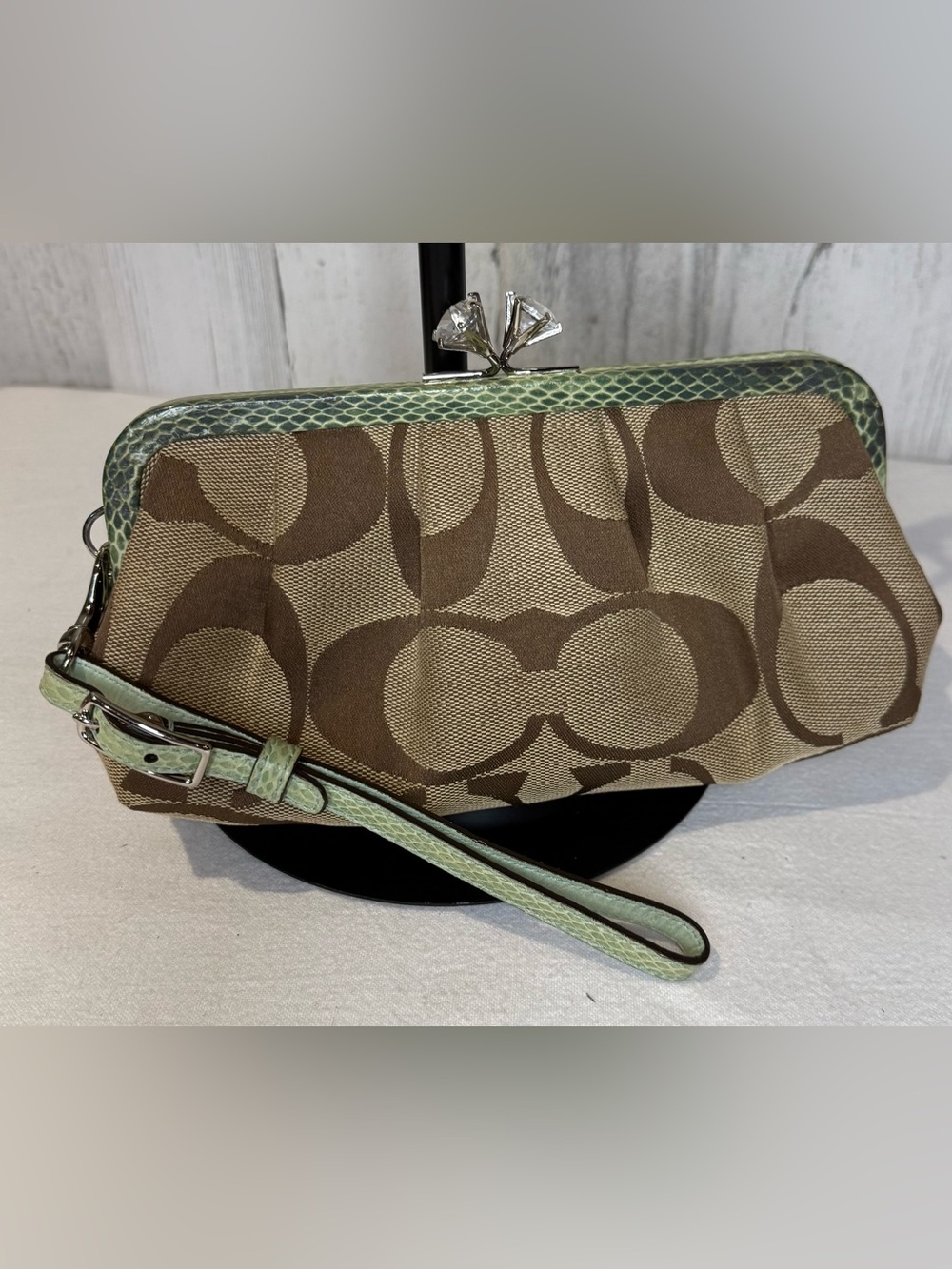Coach Kiss Lock Tan Jacquard with Mint Green Python Trim Y2K 2004